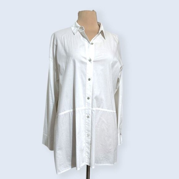 Eileen Fisher White Button Up Blouse Top Tunic XS Cotton Poplin EUC Classic - Picture 3 of 9